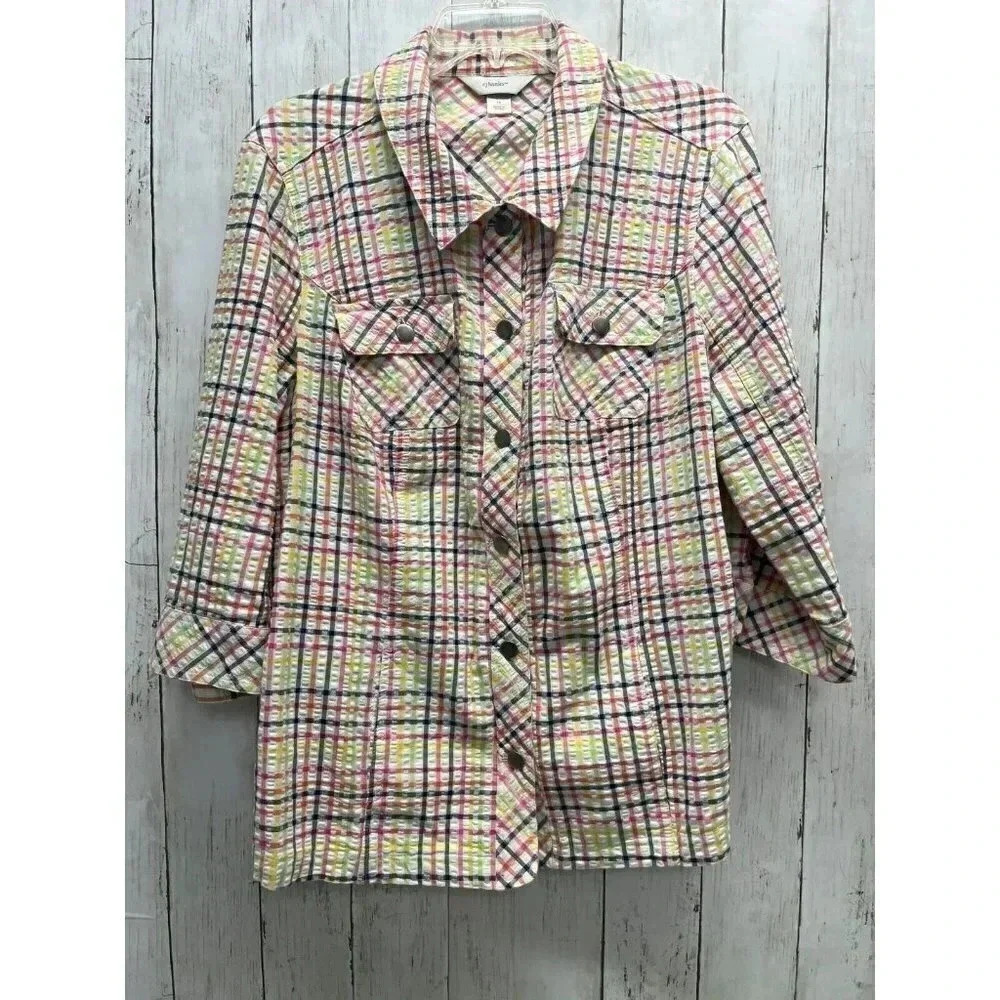 CJ BANKS WOMENS SIZE 1X MULTICOLOR 3/4 SLEEVE BUTTON FRONT BLOUSE